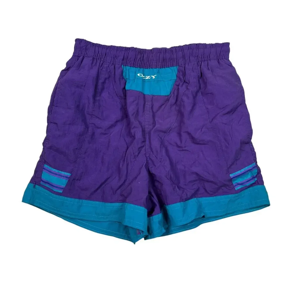 Vintage 90s Swim Trunks Board Shorts Mesh Liner Ozzy Purple Teal Boys Small